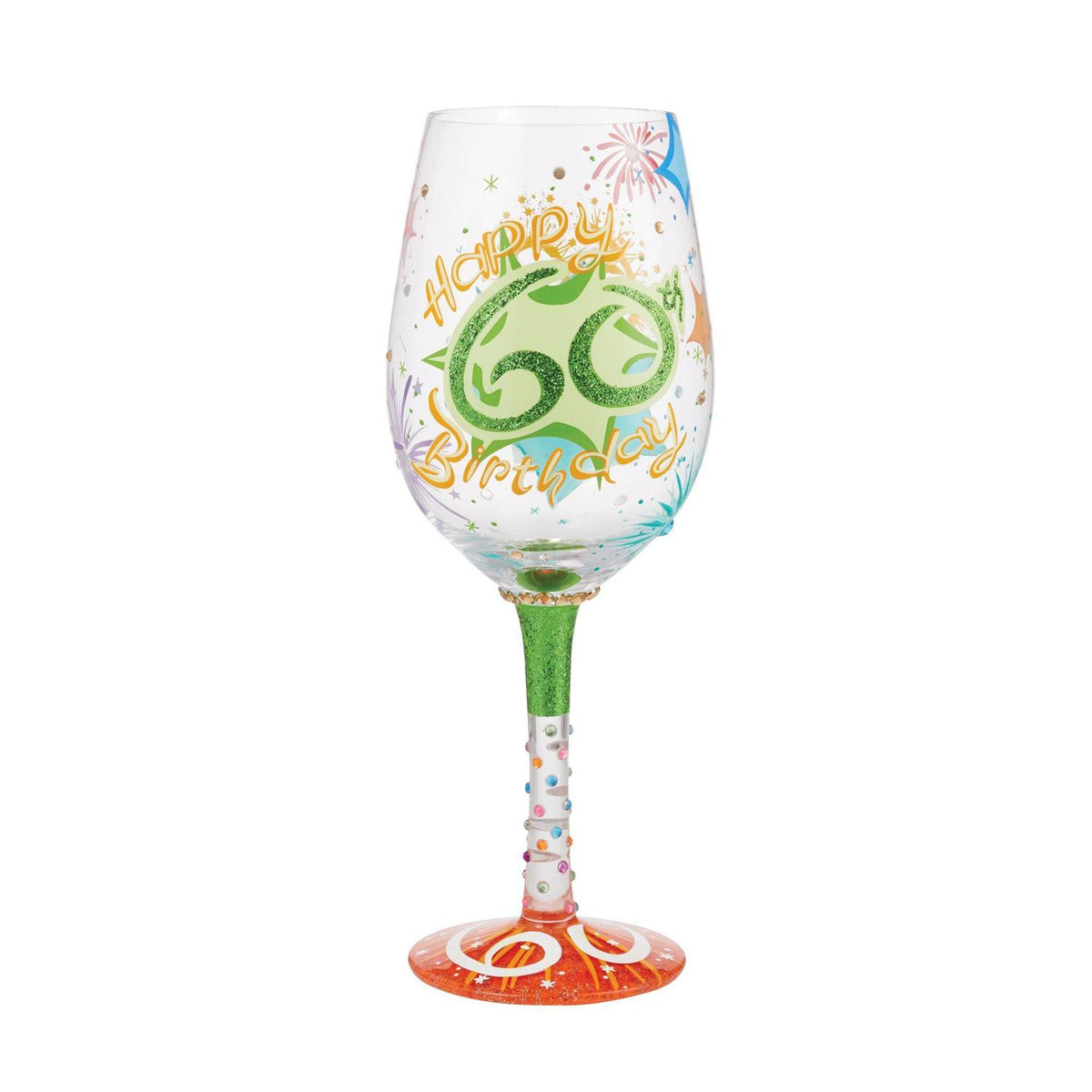 Blown glass wine glass with hand-painted designs, glitter accents, and a cocktail recipe printed on the base.