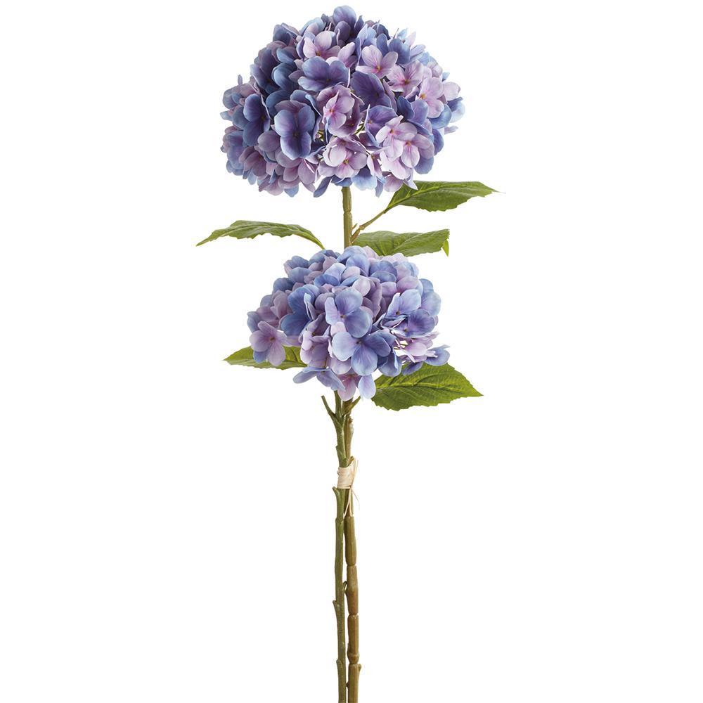 Polyester hydrangea bundle with blue flowers on green stems in a wire arrangement.