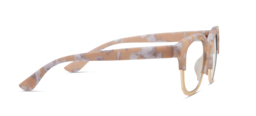 Georgia eyeglasses with soft square frames in earthy tortoise shell pattern featuring metallic detailing and peepers blue light lenses.