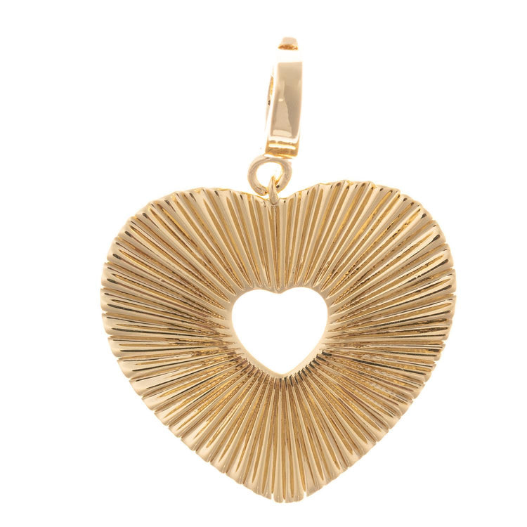 18k gold plated heart-shaped charm with a sunburst texture and a heart cutout in the center.
