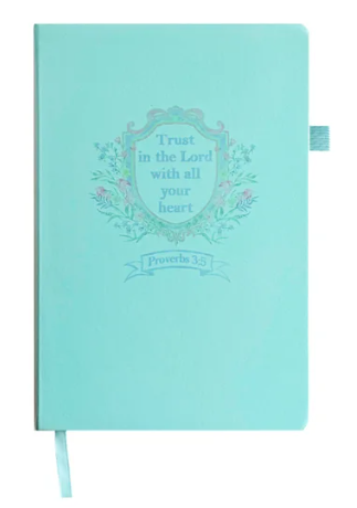 Teal Standing On The Word Journal with Proverbs 3:5 verse and floral crest design.