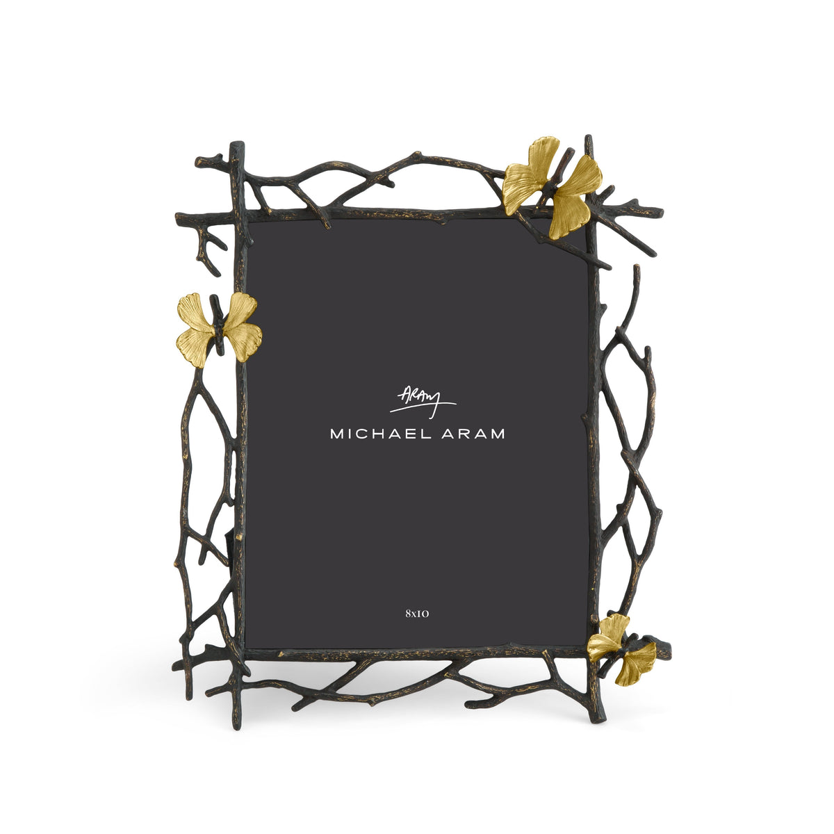 Butterfly Ginkgo frame in oxidized goldtone holding an 8x10 photo with convertible vertical orientation.