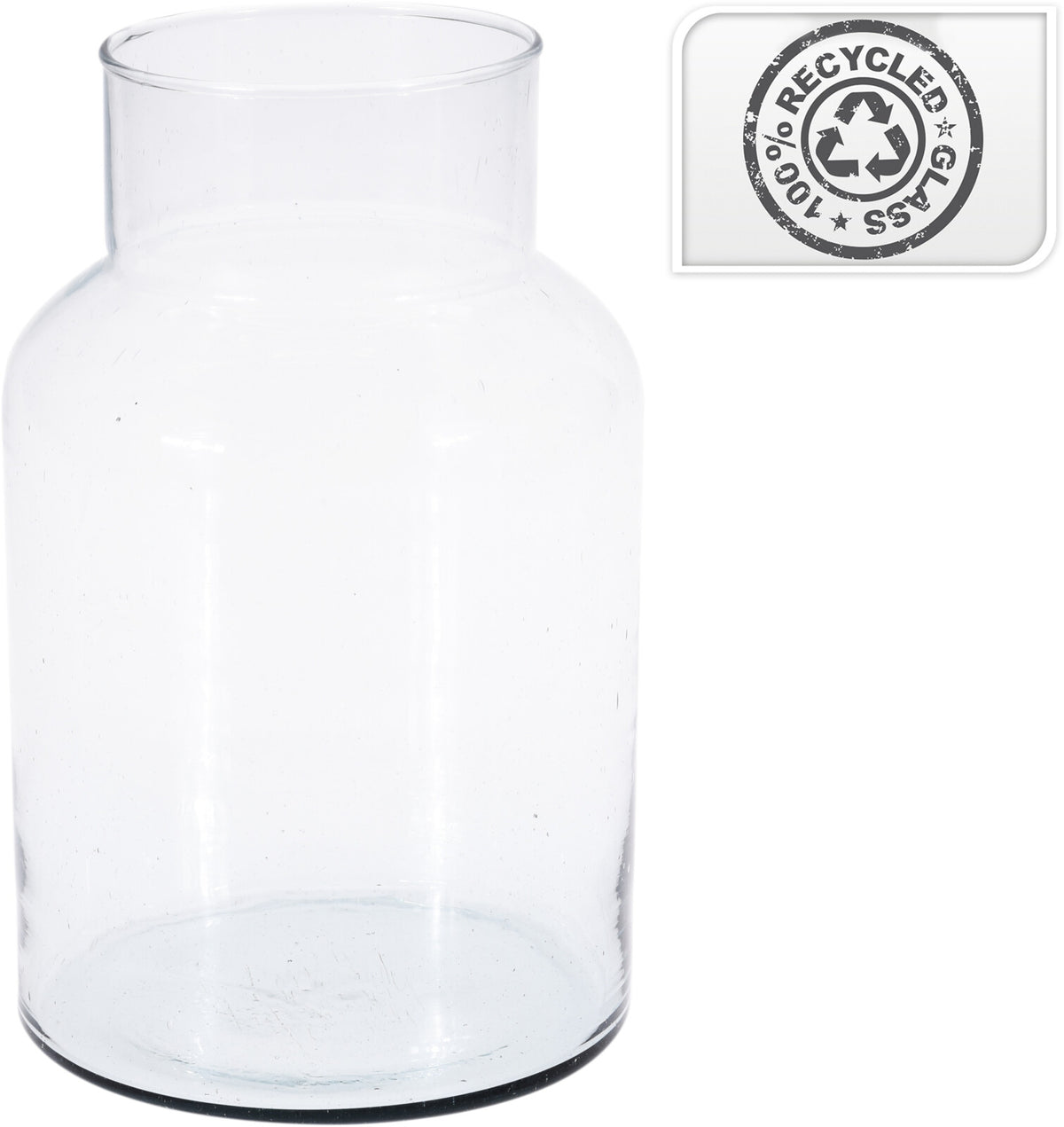 10.24 inch clear recycled glass vase with a wide cylindrical body and narrow neck.