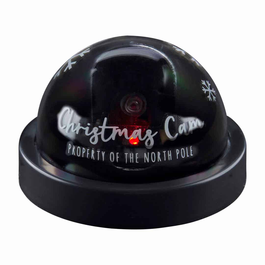 Black Christmas Cam dome with white snowflakes and text reading "Christmas Cam Property of the North Pole".