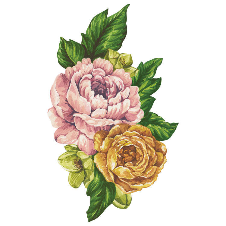 Floral table accent featuring a pink peony, a yellow rose, and green leaves.