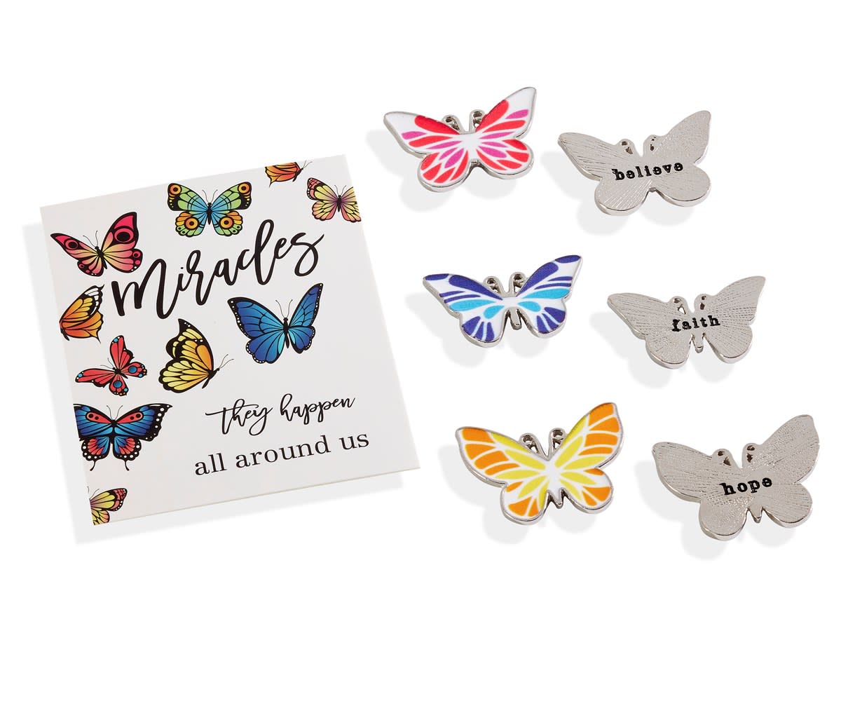 Butterfly Token pendant in alloy with acrylic detailing featuring BELIEVE/FAITH/HOPE/MIRACLE text.