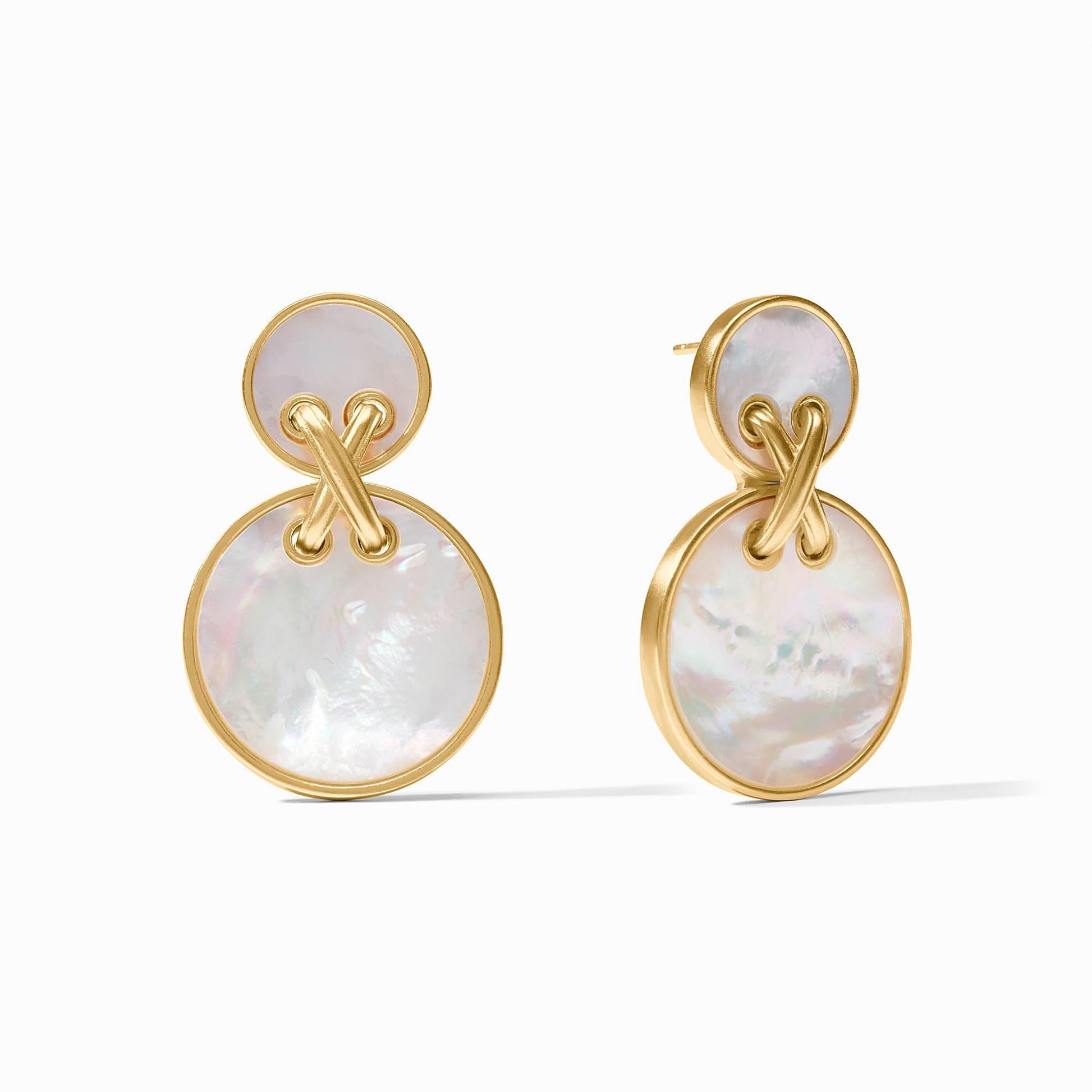 Essex Statement Earrings featuring two circular mother of pearl discs joined by a gold X detail.