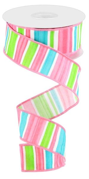White polyester fabric with horizontal pink stripes in a multi-width roll.