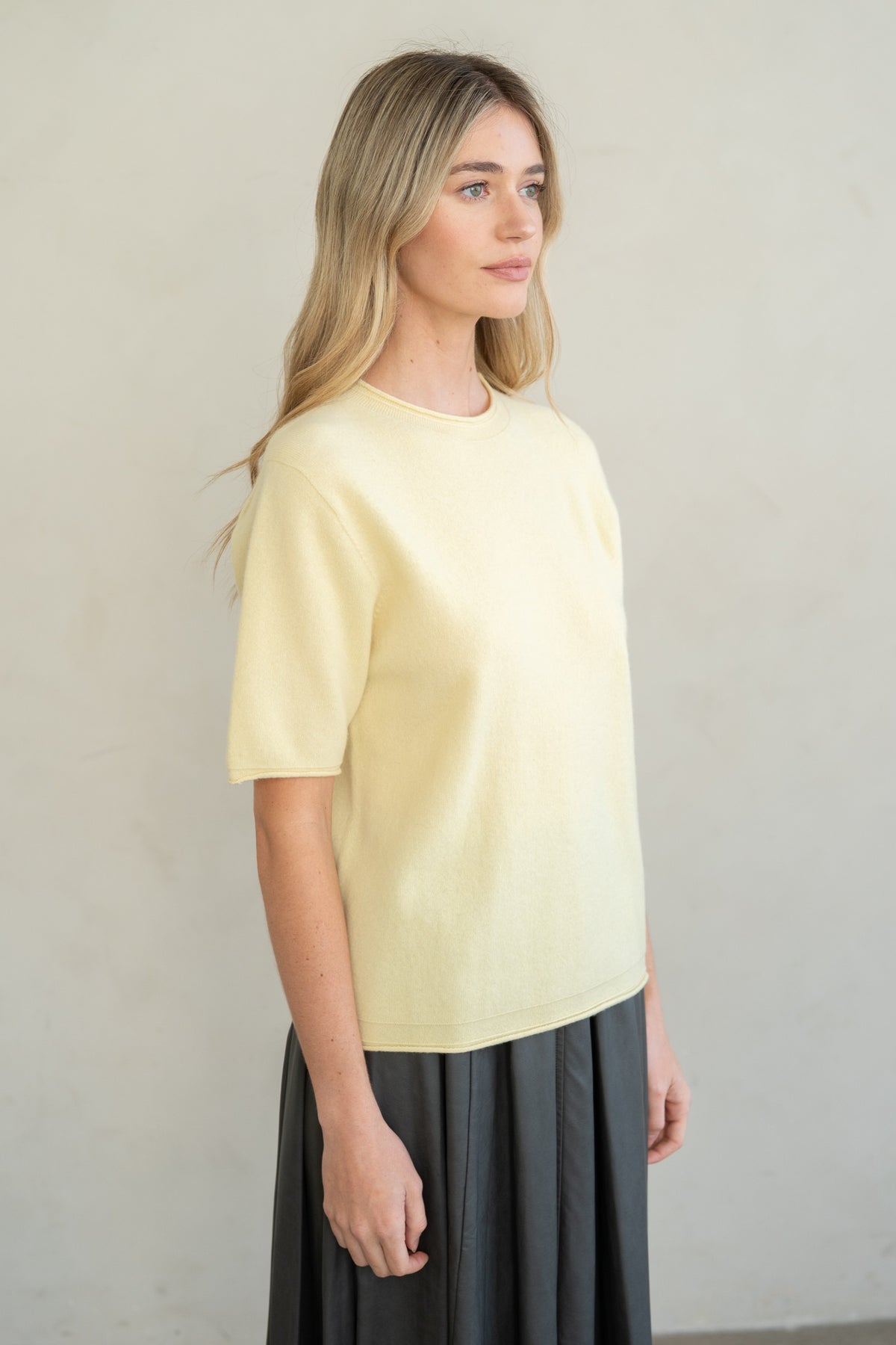Emilia raw edge crew knit top in soft fine gauge fabric with relaxed silhouette