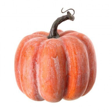 Latex weathered orange pumpkin with a dark, curved vine stem on a white background.