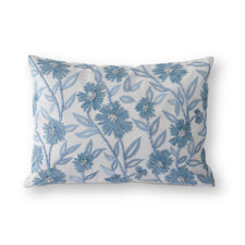 14 inch white linen lumbar pillow with blue embroidered floral patterns and microfiber fill.