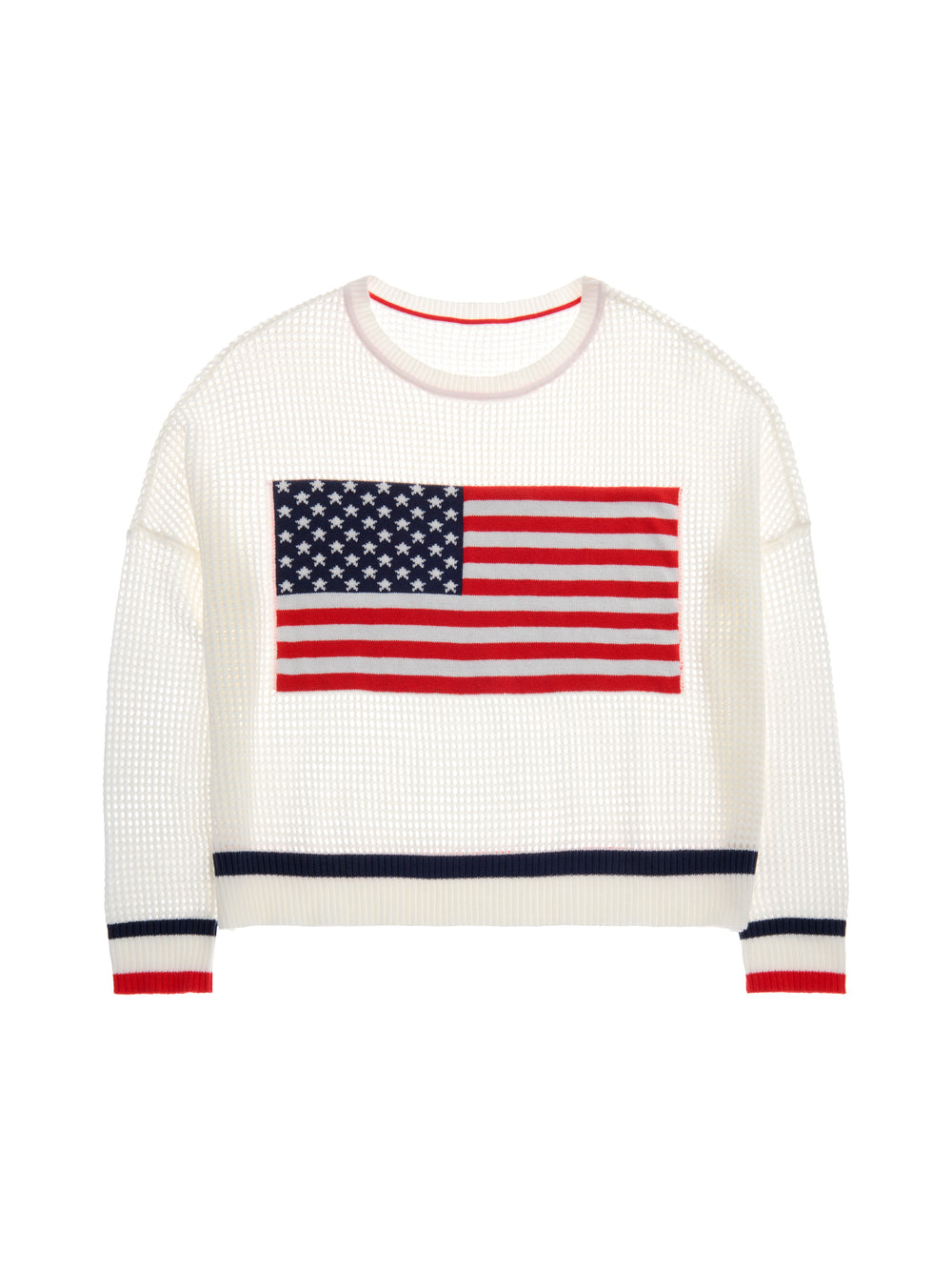 Cassie American flag mesh sweater in red white navy with open knit texture