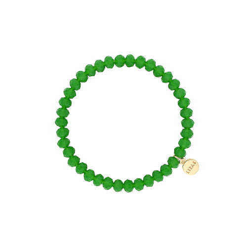 Stretchy bracelet with faceted glass beads in a colorful beaded pattern.