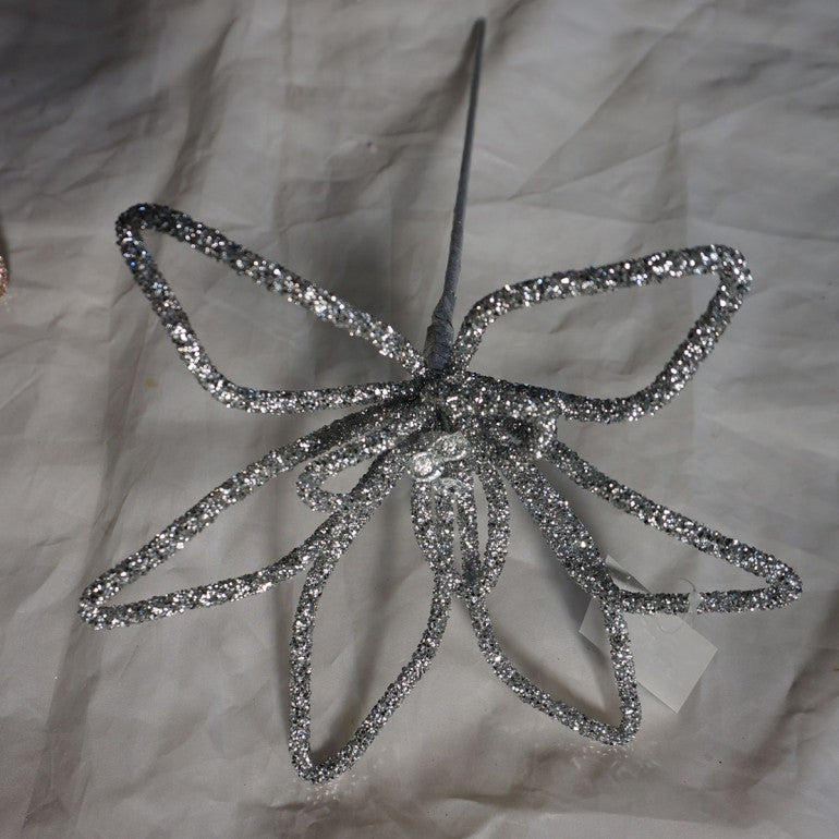 Silver micro beaded poinsettia stem measuring 18 inches in length.