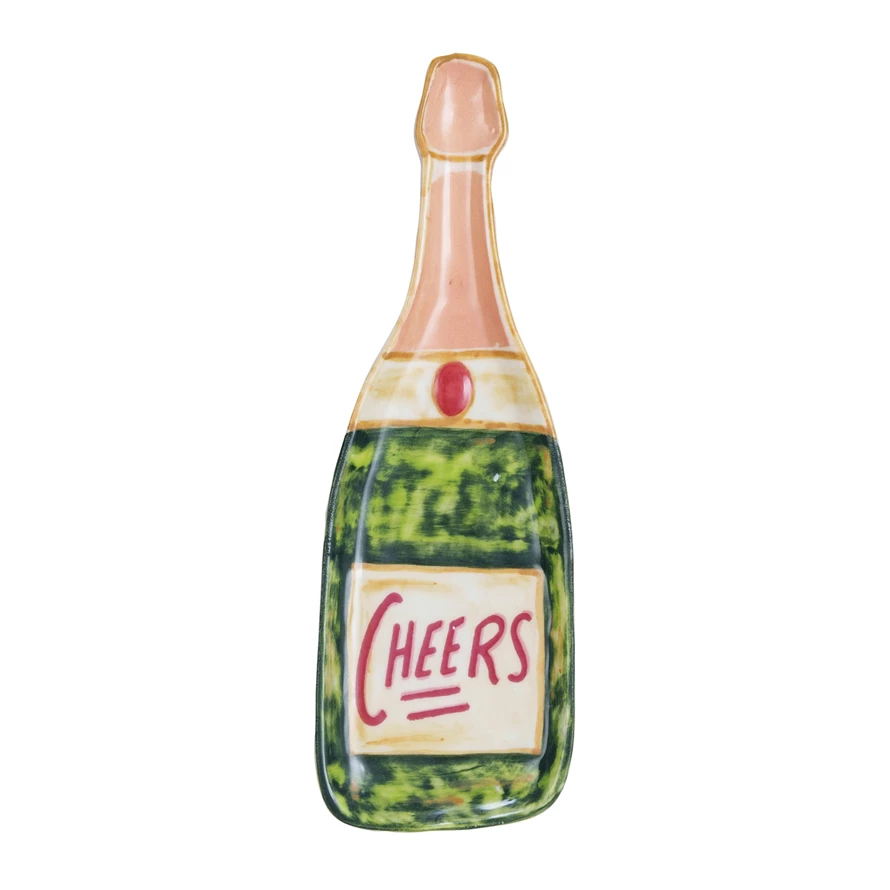 Multi-colored stoneware dish shaped like a champagne bottle with 'Cheers' text.