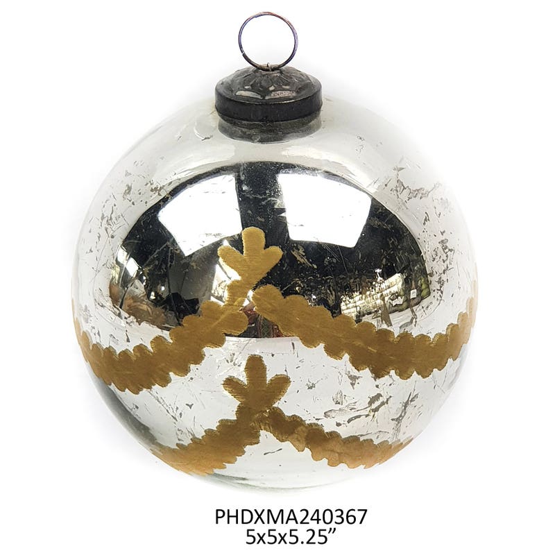 Venetian Glass 5-inch ball ornament with silver mercury finish and gold glitter garland patterns.