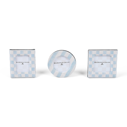 Set of three light blue and white checkered fabric frames in square, round, and rectangular shapes.
