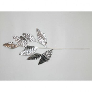 30-inch shiny mirrored leaf spray with silver reflective mosaic leaves on a thin stem.