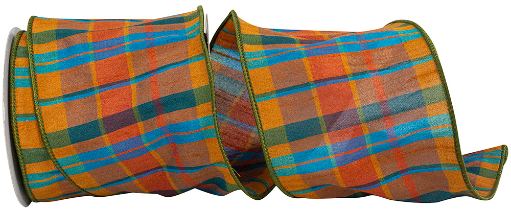 4-inch wide Tierra Plaid Sunset wired edge ribbon with orange, blue, and brown checkered pattern.