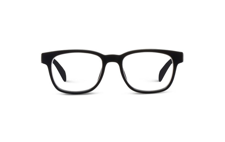 Kent Progressives black rectangular glasses with clear lenses and a lightweight recycled frame.