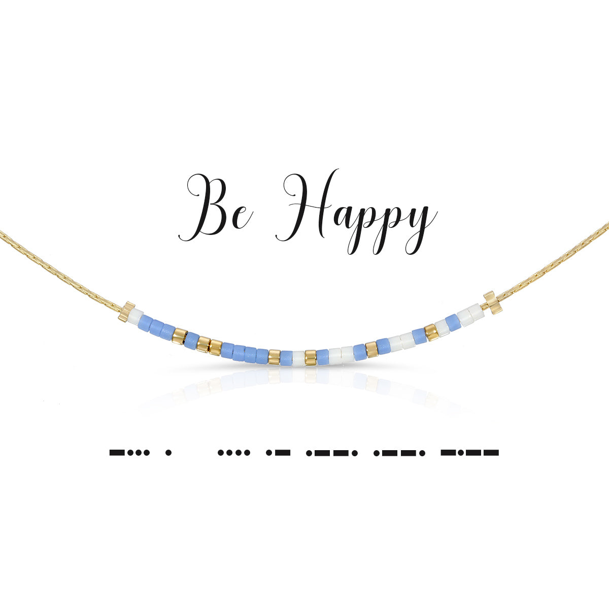 Be Happy Morse code necklace with matte periwinkle blue, luster white, and gold beads on a gold chain