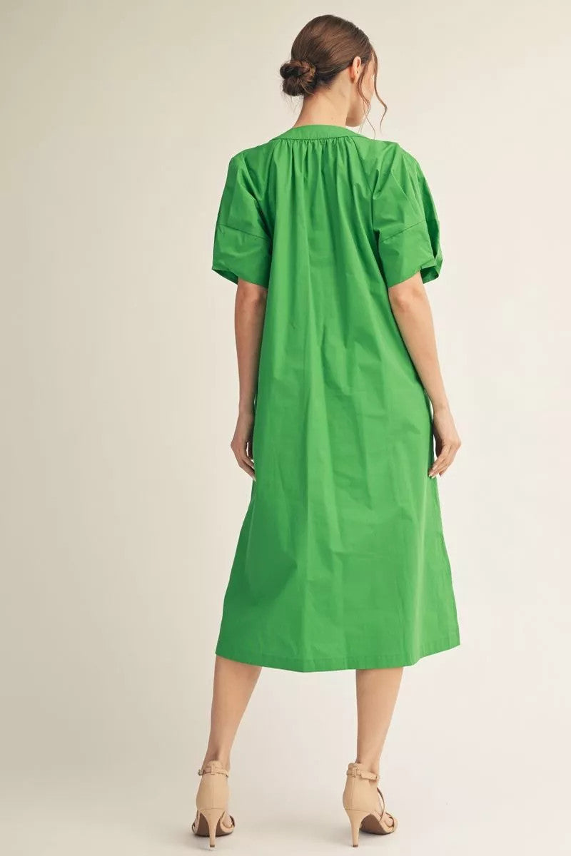 Aria Short Puff Sleeves Solid Woven Midi Dress