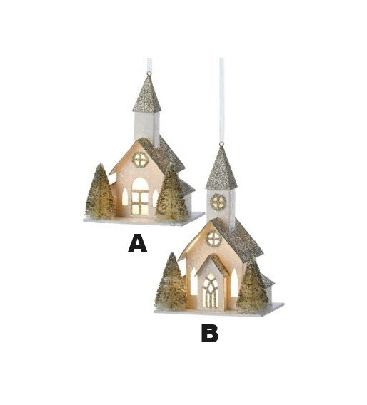 Two 5.5-inch LED country church ornaments with glittered roofs and trees, labeled A and B.