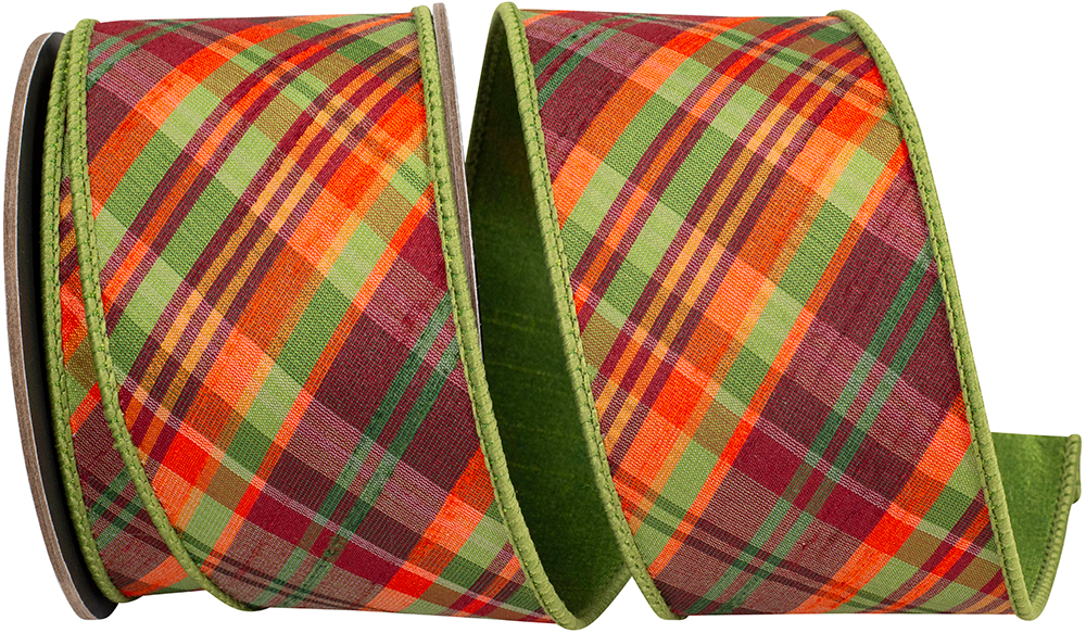 Plaid Tierra Sage diagonal fused dupioni backed wired edge ribbon with orange and burgundy accents.