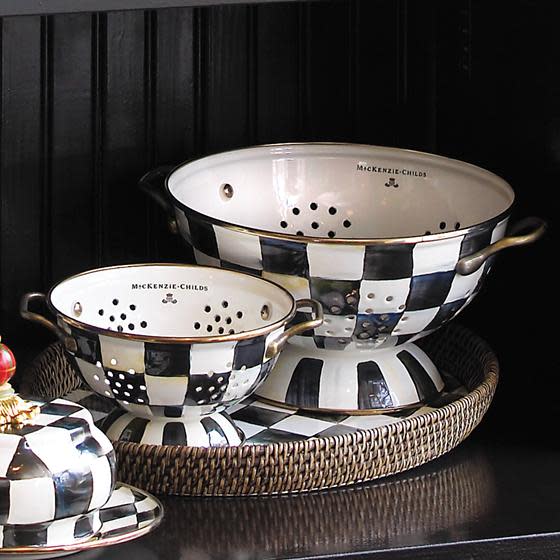 Large Courtly Check enamel colander with antiqued brass handles