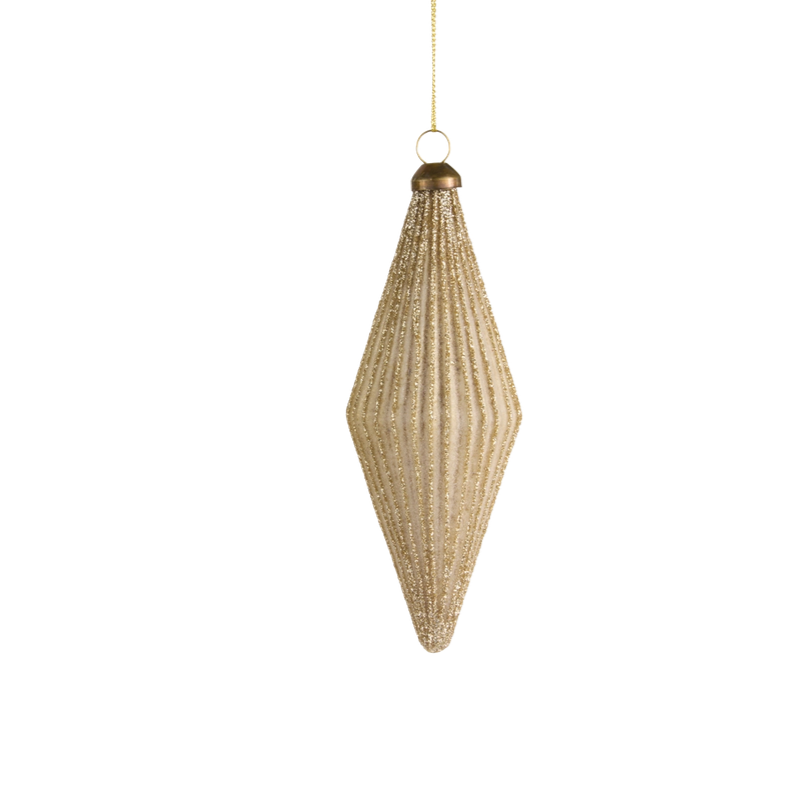 5.5-inch gold ribbed glass finial Christmas ornament with glitter accents.