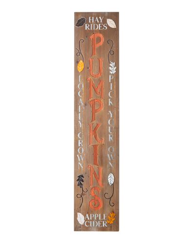 Vertical wood and metal wall art featuring 'PUMPKINS' in orange with fall harvest text and leaves.