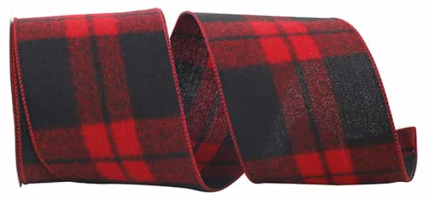 4-inch wide red and black buffalo plaid wired edge ribbon made of acrylic.