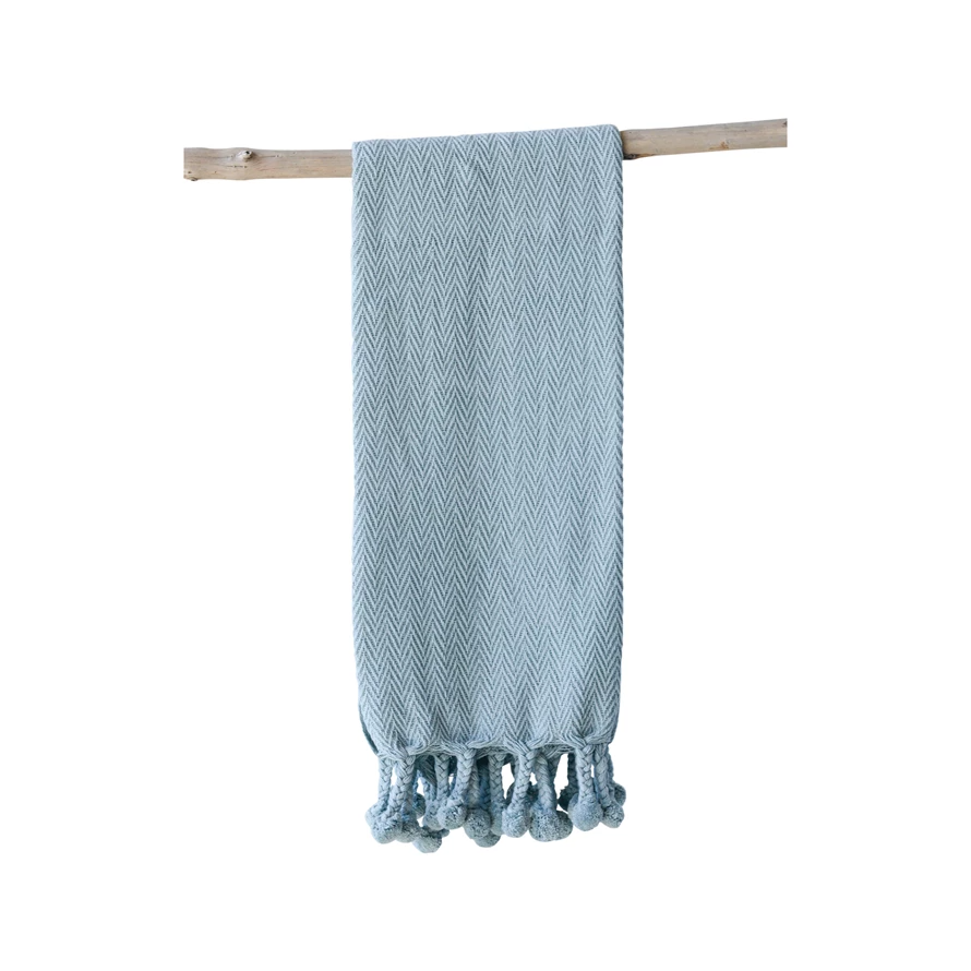 Cotton Throw W/ Braided Pom Poms, Aqua