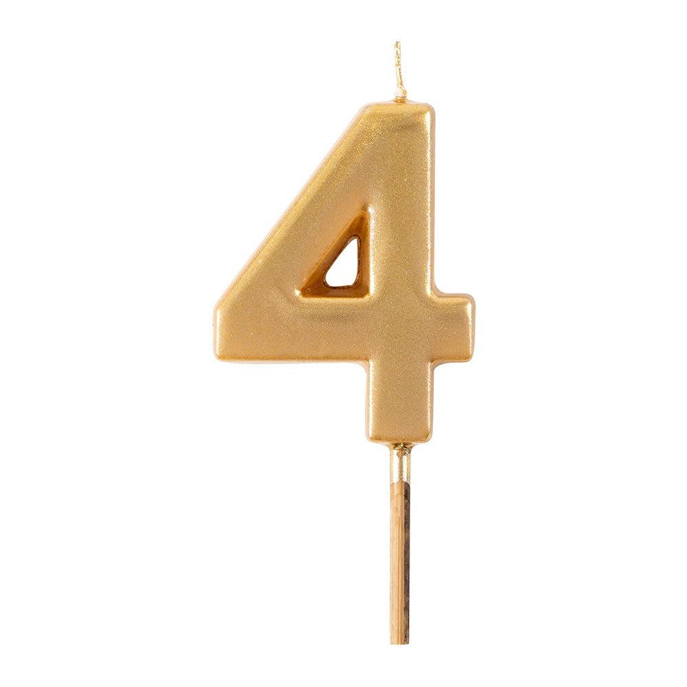 Gold number birthday candle with a coated finish, standing three inches tall.