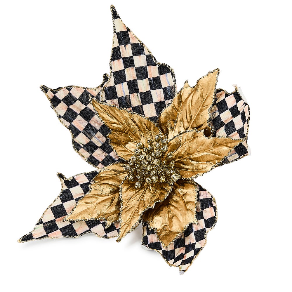 Wire poinsettia clip with glitter accents and polyester fabric in red and green tones.