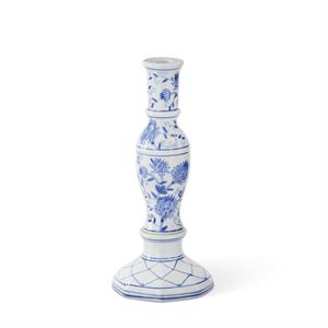 Blue and white ceramic taper candleholders with chinoiserie floral patterns.
