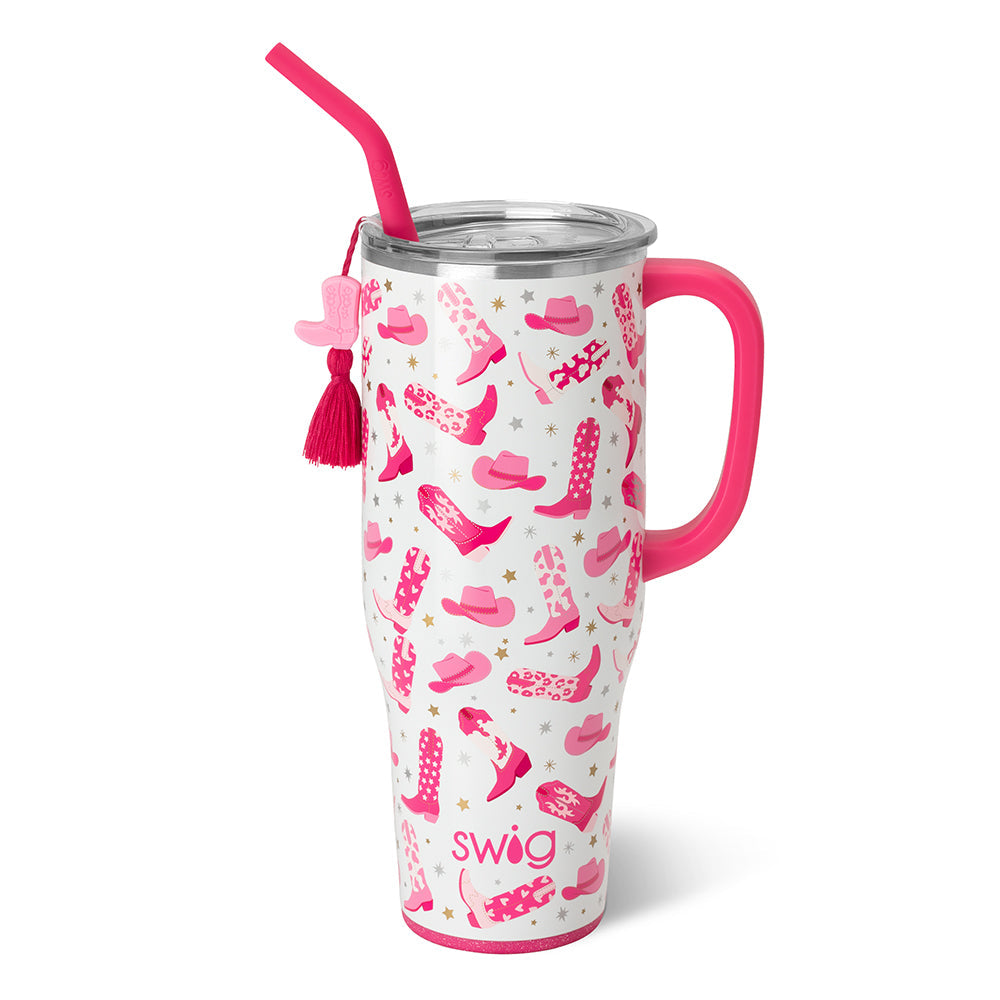 40oz Mega Mug in silver stainless steel with a comfort-grip handle, silicone base, and flexi-tip straw.