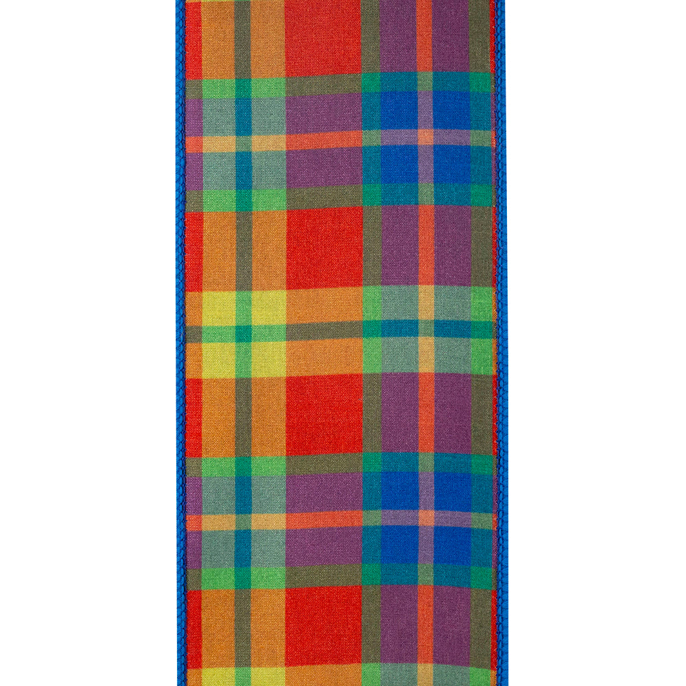 4-inch wide Plaid Bedoya Deluxe ribbon with vibrant multi-color checks and a wired turquoise edge.
