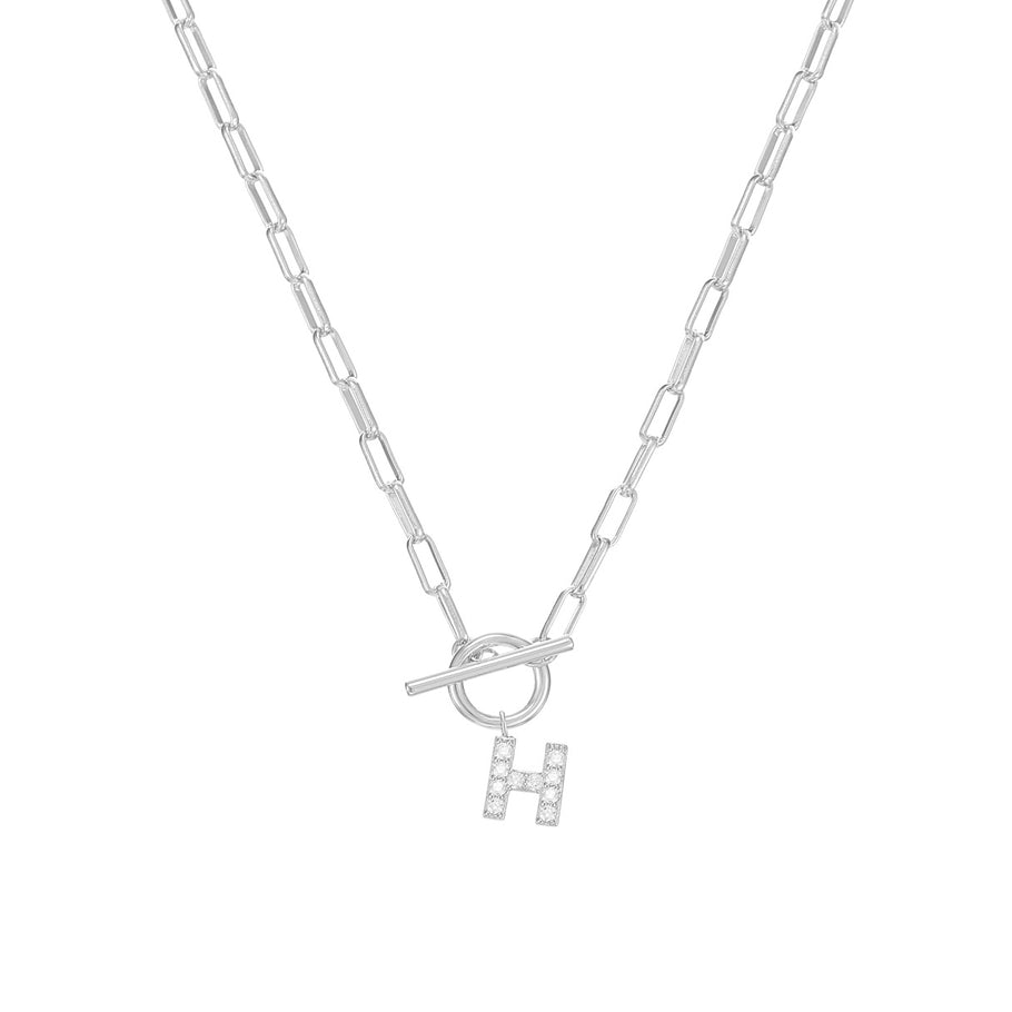 Silver sparkle mini necklace with toggle closure featuring a small initial pendant on an 18-inch lead-free chain.