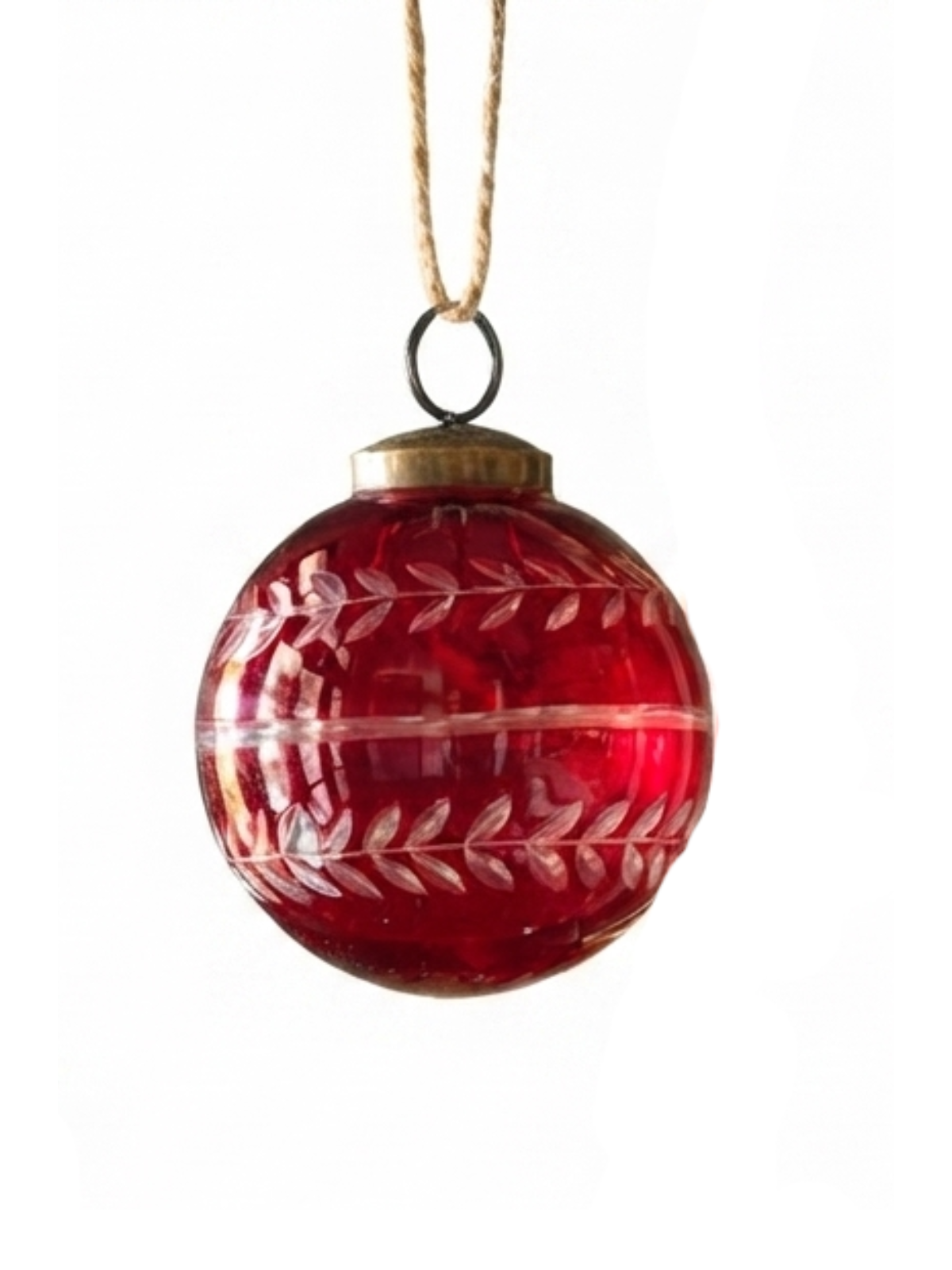 Red etched glass 5-inch Christmas ball ornament with white leaf patterns and twine hanging loop.