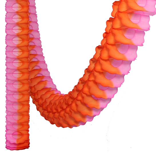 Classic 3.6m two-tone paper garland in vibrant hand-dyed orange and pink.