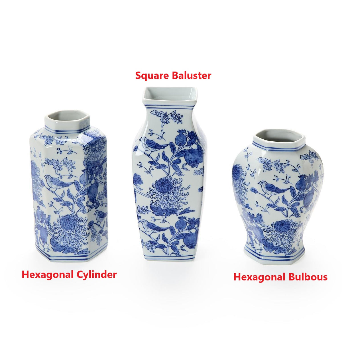 Three blue and white hand-painted porcelain vases in hexagonal cylinder, square, and bulbous shapes.