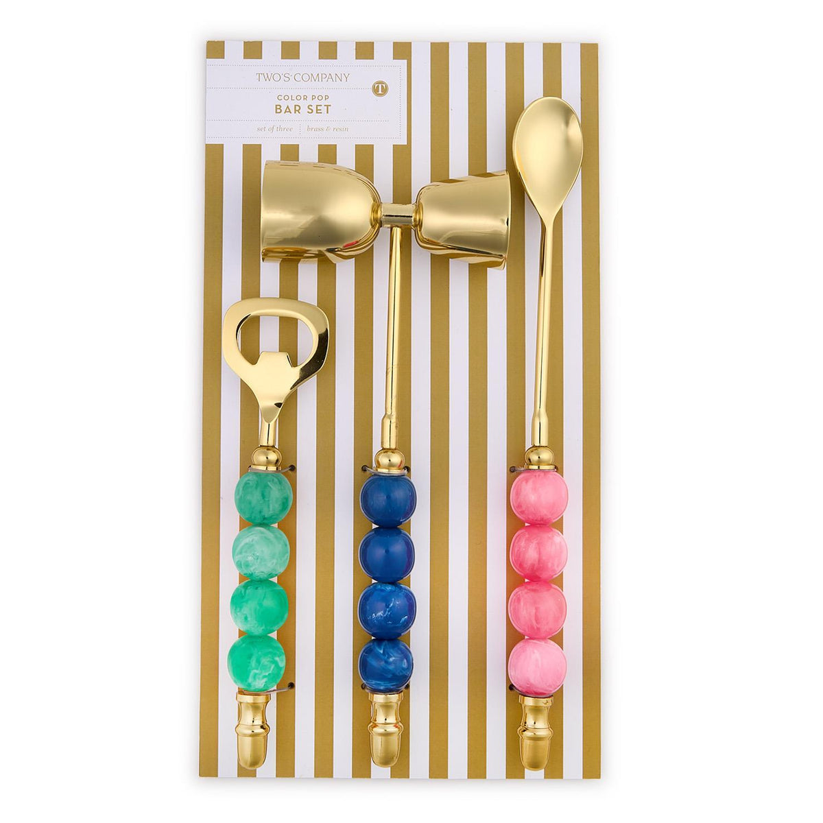 Color Pop 3 Pc Bar Set with gold-tone bottle opener, jigger, and spoon with colorful resin beads.