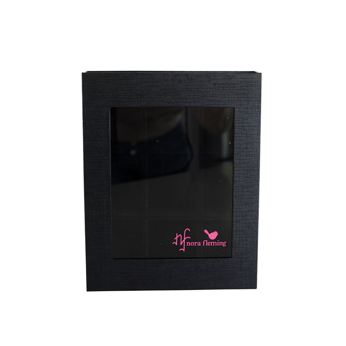 Black Nora Fleming keepsake box with a clear acrylic front window and pink logo.