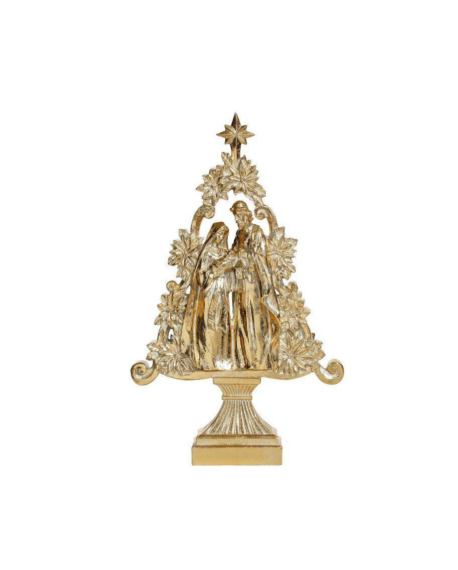 19-inch gold Holy Family nativity scene sculpted inside a decorative Christmas tree on a pedestal.