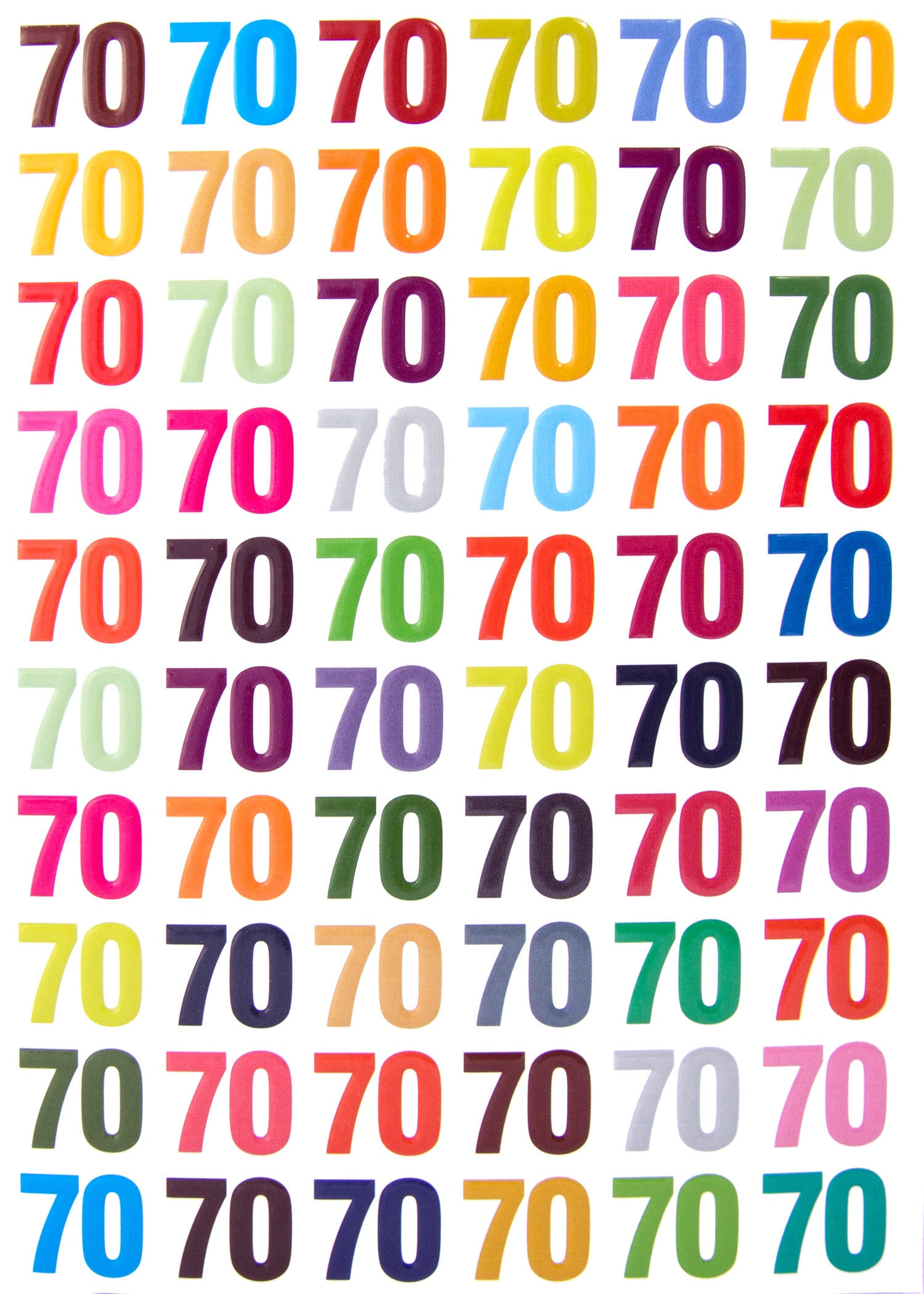 Colorful number 70 stickers in various shades of red, orange, yellow, green, blue, purple, and pink.