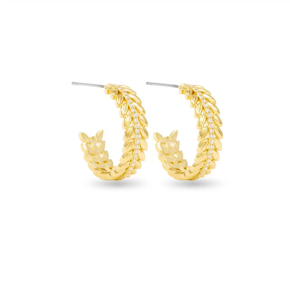 Kylie polished gold feather hoop earrings with white cubic zirconia accents.