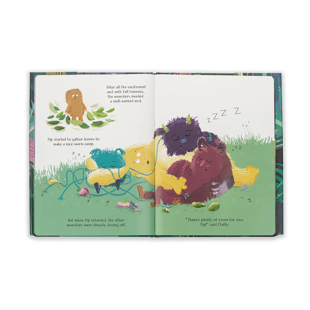 Open pages of A Monster Called Pip book showing colorful illustrations of monsters sleeping.