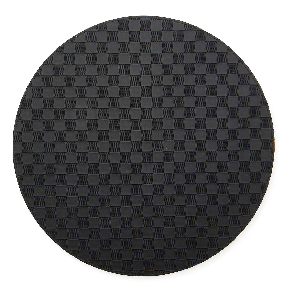Round black faux leather placemat with a subtle checkered pattern.