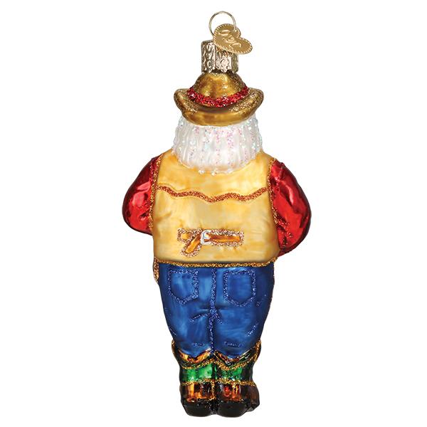 Back view of a Western Santa glass ornament wearing a cowboy hat, yellow vest, and blue jeans.